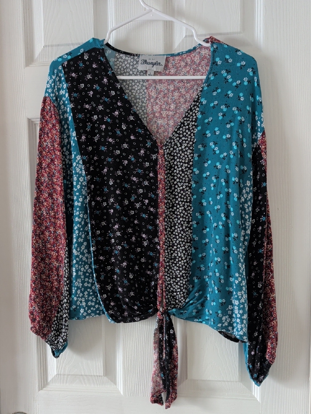 Wrangler Patchwork Floral Tie-Front Top in Teal & Black